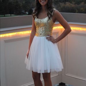B Darlin Gold Sequin Bodice White Tulle Prom Dress